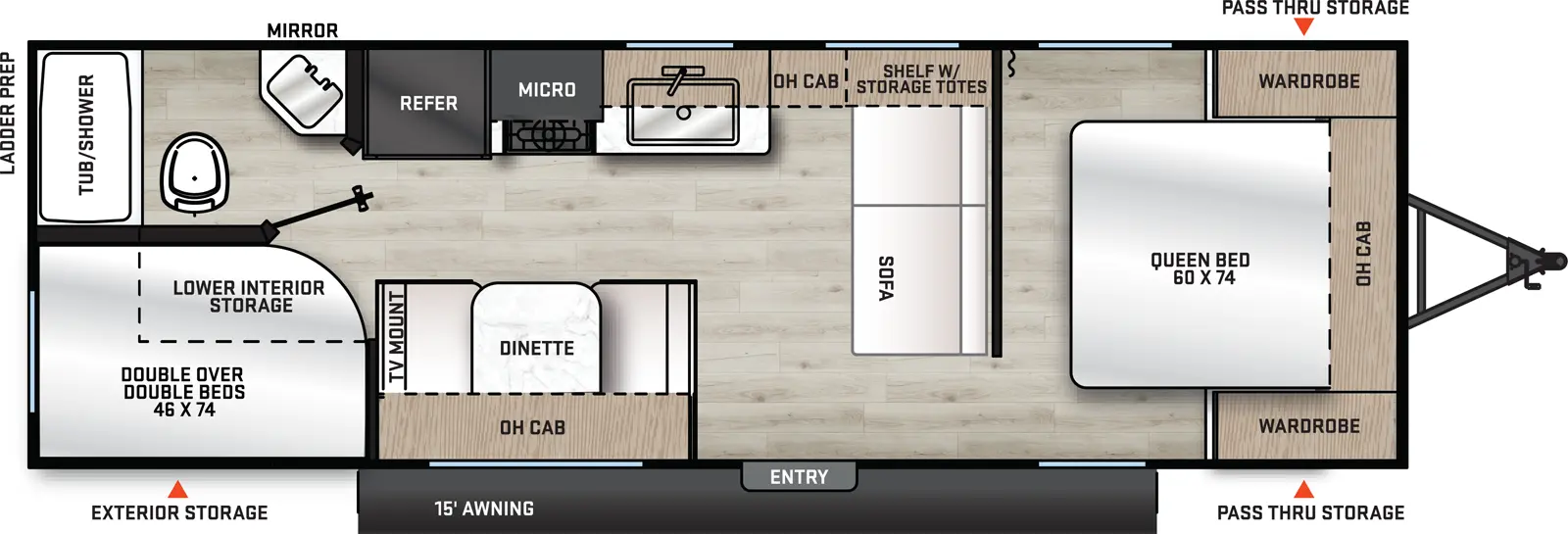 The 261BH has no slide outs and one entry. Exterior features include a 15 foot awning and front pass-through storage. Interior layout front to back: foot facing queen bed, overhead cabinet, and wardrobes on each side; sofa along inner wall; off-door side overhead cabinet, sink, microwave, cooktop, and refrigerator; door side entry, dinette with overhead cabinet, and TV mount; rear door side double over double bunks; rear off-door side full bathroom with medicine cabinet.